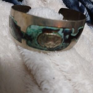 Vintage Mayan Calendar Silver Cuff Bracelet with Turquoise Accents